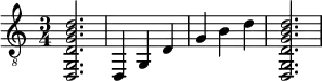 {
\clef "treble_8"
\time 3/4 \set Staff.midiInstrument = #"acoustic guitar (steel)"
<d, g, d g b d'>2.
<d, >4
<g, >4
<d >4
<g >4
<b >4
<d' >4
<d, g, d g b d'>2.
}