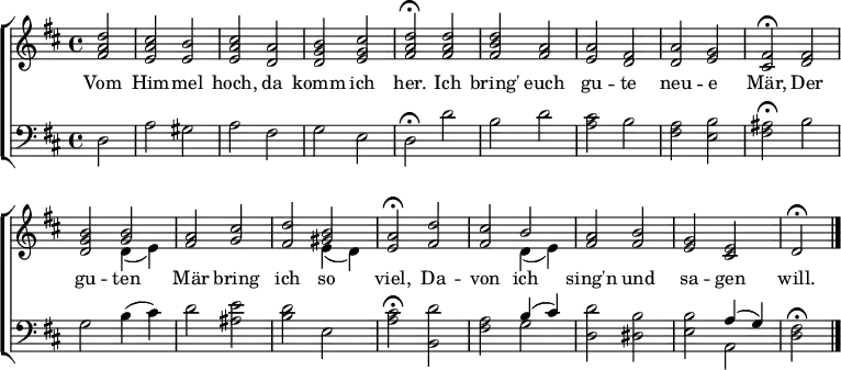 \header { tagline = ##f }
\layout { indent = 0 \set Score.tempoHideNote = ##t \context { \Score \remove "Bar_number_engraver" } }
global = { \key d \major \time 4/4 \partial 2 }
tn = \tempo 2 = 100
tf = \tempo 2 = 45
tenor = \new Voice = "tenvoice" \relative c' { \tn \global
<fis a d>2 | <e a cis> <e b'> | <e a cis> <d a'> | <d g b> <e g cis> | \tf <fis a d>\fermata \tn
<fis a d> | <fis b d> <fis a> | <e a> <d fis> | <d a'> <e g> | \tf <cis fis>\fermata \tn
<d fis> | <d g b> << { \voiceOne <g b> } \new Voice { \voiceTwo d4 (e) } >> \oneVoice |
<fis a>2 <g cis> | <fis d'> << { \voiceOne <gis b> } \new Voice { \voiceTwo e4 (d) } >> \oneVoice | \tf <e a>2\fermata \tn
<fis d'> | <fis cis'> << { \voiceOne b } \new Voice { \voiceTwo d,4 (e) } >> \oneVoice |
<fis a>2 <fis b> | <e g> <cis e> | \tf d\fermata \bar "|."
}
bass = \relative c {
\global
d2 | a' gis | a fis | g e | d\fermata
d' | b d | <a cis> b | <fis a> <e b'> | <fis ais>\fermata
b | g b4 (cis) | d2 <ais e'> | <b d> e, | <a cis>\fermata
<d b,> | <fis, a> << { \voiceOne b4 (cis) } \new Voice { \voiceTwo g2 } >> \oneVoice | <d d'> <dis b'> |
<e b'> << { \voiceOne a4 (g) } \new Voice { \voiceTwo a,2 } >> \oneVoice | <d fis>2\fermata \bar "|."
}
verse = \lyricmode {
Vom Him -- mel hoch, da komm ich her.
Ich bring' euch gu -- te neu -- e Mär,
Der gu -- ten Mär bring ich so viel,
Da -- von ich sing'n und sa -- gen will.
}
\score {
\new ChoirStaff <<
\new Staff \with { midiInstrument = "church organ" }
{ \clef treble \new Voice \tenor }
\new Lyrics \lyricsto "tenvoice" \verse
\new Staff \with { midiInstrument = "church organ" }
{ \clef bass \new Voice = "bass" \bass }
>>
\layout { }
\midi { }
}