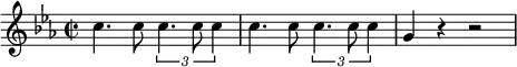 { \new PianoStaff <<
\new Staff \relative c'' { \set Staff.midiInstrument = #"piano" \key c \minor \clef treble \time 2/2 \set Score.tempoHideNote = ##t \tempo 2 = 60
c4. c8 \times 2/3 {
c4. c8 c4
}
| % 2
c4. c8 \times 2/3 {
c4. c8 c4
}
| % 3
g4 r4 r2
}
>> }