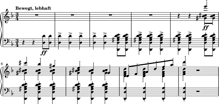 \relative c''' {
\new PianoStaff <<
\new Staff <<
\new Voice = "first" {
\set Staff.midiInstrument = #"piano" \set Score.tempoHideNote = ##t \tempo "Bewegt, lebhaft" 4 = 175 \stemUp \clef treble \key d \minor \time 3/4
R2.*4 |
s4 s4 e4 ^. |
cis4 ^. bes4 ^. gis4 ^. |
e4 ^. cis4 ^. gis4 ^. |
d8 ^. f8 ^. a8 ^. d8 ^. f8 ^. a8 ^. |
d4 ^. s2 |
}
\relative c'' \new Voice = "second" {
\stemDown
s1*3 |
r4 r4 <gis bes cis>8 \ff _. <gis bes cis>8 _. |
<gis bes cis>4 _. <gis bes cis>4 _. <gis bes cis>4 _. |
<gis bes cis>4 _. <gis bes cis>4 _. <gis bes cis>4 _. |
<d f a d>4 _. <d f a d>4 _. <d f a d>4 _. |
<f a d>4 _. r2 |
}
>>
\new Staff <<
\relative c \new Voice = "third" {
\clef bass \key d \minor \time 3/4
r4 r4 <d d'>8 \ff <d d'>8 |
<d d'>4 -> <d d'>4 -> <d d'>4 -> |
<d d'>4 -> <d d'>4 -> <d, d' gis bes d e>8 <d d' gis bes d e>8 |
<d d' gis bes d e>4 -> <d d' gis bes d e>4 -> <d d' gis bes d e>4 -> |
<d d' gis bes d e>4 -> <d d' gis bes d e>4 -> <d d' gis bes d e>8 -. <d d' gis bes d e>8 -. |
<d d' gis bes d e>4 -. <d d' gis bes d e>4 -. <d d' gis bes d e>4 -. |
<d d' gis bes d e>4 -. <d d' gis bes d e>4 -. <d d' gis bes d e>4 -. |
<d d' a'>4 -. <d d' a'>4 -. <d d' a'>4 -. |
<d d' a'>4 -. r2 |
}
>>
>>
}