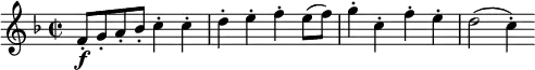 \new Score {
\new Staff {
\relative c' {
\time 2/2
\clef treble
\key f \major
\set Score.tempoHideNote = ##t
\tempo 2 = 100
f8-.\f g-. a-. bes-. c4-. c4-. | d4-. e-. f-. e8(f) |
g4-. c,-. f-. e-. | d2( c4-.)
}
}
}