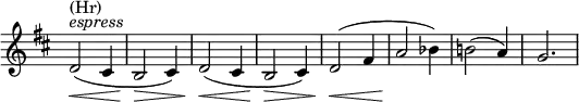 \relative c' \new Staff \with { \remove "Time_signature_engraver" } {
\key d \major \time 3/4
d2^\markup { \italic espress } ^\markup (Hr) \<( cis4 b2\> cis4) d2\<( cis4 b2\> cis4) d2\<( fis4 a2\! bes4) b!2( a4) g2.
}