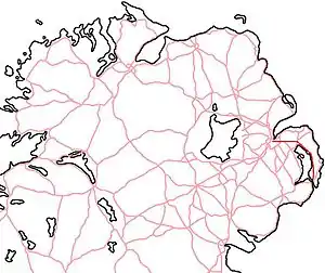 The route of the A20 in red from Belfast city centre (Co. Antrim) to Portaferry (Co. Down)