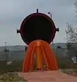 This sculpture on the roundabout near the start of the A66 east of Middlesbrough represents steel being poured