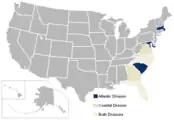 A map of the ACC as it existed from 2005 to 2013, with Atlantic (blue) and Coastal (tan) divisions