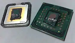AMD Athlon 64 X2 6000+ (ADA6000IAA6CZ, Windsor), having its heat spreader removed (also known as delidding<ref group=''>.mw-parser-output cite.citation{font-style:inherit;word-wrap:break-word}.mw-parser-output .citation q{quotes:"\"""\"""'""'"}.mw-parser-output .citation:target{background-color:rgba(0,127,255,0.133)}.mw-parser-output .id-lock-free a,.mw-parser-output .citation .cs1-lock-free a{background:url("//upload.wikimedia.org/wikipedia/commons/6/65/Lock-green.svg")right 0.1em center/9px no-repeat}.mw-parser-output .id-lock-limited a,.mw-parser-output .id-lock-registration a,.mw-parser-output .citation .cs1-lock-limited a,.mw-parser-output .citation .cs1-lock-registration a{background:url("//upload.wikimedia.org/wikipedia/commons/d/d6/Lock-gray-alt-2.svg")right 0.1em center/9px no-repeat}.mw-parser-output .id-lock-subscription a,.mw-parser-output .citation .cs1-lock-subscription a{background:url("//upload.wikimedia.org/wikipedia/commons/a/aa/Lock-red-alt-2.svg")right 0.1em center/9px no-repeat}.mw-parser-output .cs1-ws-icon a{background:url("//upload.wikimedia.org/wikipedia/commons/4/4c/Wikisource-logo.svg")right 0.1em center/12px no-repeat}.mw-parser-output .cs1-code{color:inherit;background:inherit;border:none;padding:inherit}.mw-parser-output .cs1-hidden-error{display:none;color:#d33}.mw-parser-output .cs1-visible-error{color:#d33}.mw-parser-output .cs1-maint{display:none;color:#3a3;margin-left:0.3em}.mw-parser-output .cs1-format{font-size:95%}.mw-parser-output .cs1-kern-left{padding-left:0.2em}.mw-parser-output .cs1-kern-right{padding-right:0.2em}.mw-parser-output .citation .mw-selflink{font-weight:inherit}Koen Crijns (2014-01-31). "Workshop Haswell delidding: improve CPU cooling!". hardware.info. Retrieved 2016-07-29.