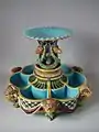 Ice stand table centre, 1860, coloured glazes, Revivalist style.