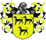 A coat of arms showing three black dogs on a field of yellow.