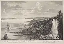 An early 1760s engraving of Montmorency Falls by William Elliott from a drawing made by Captain Hervey Smythe, Major General James Wolfe's aide-de-camp, on July 31st, 1759, from the British Army's encampment, two months before the Battle of Quebec.