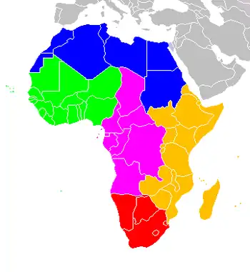 UN geoscheme for Africa .mw-parser-output .legend{page-break-inside:avoid;break-inside:avoid-column}.mw-parser-output .legend-color{display:inline-block;min-width:1.25em;height:1.25em;line-height:1.25;margin:1px 0;text-align:center;border:1px solid black;background-color:transparent;color:black}.mw-parser-output .legend-text{} Eastern Africa .mw-parser-output .legend{page-break-inside:avoid;break-inside:avoid-column}.mw-parser-output .legend-color{display:inline-block;min-width:1.25em;height:1.25em;line-height:1.25;margin:1px 0;text-align:center;border:1px solid black;background-color:transparent;color:black}.mw-parser-output .legend-text{} Middle Africa .mw-parser-output .legend{page-break-inside:avoid;break-inside:avoid-column}.mw-parser-output .legend-color{display:inline-block;min-width:1.25em;height:1.25em;line-height:1.25;margin:1px 0;text-align:center;border:1px solid black;background-color:transparent;color:black}.mw-parser-output .legend-text{} Northern Africa .mw-parser-output .legend{page-break-inside:avoid;break-inside:avoid-column}.mw-parser-output .legend-color{display:inline-block;min-width:1.25em;height:1.25em;line-height:1.25;margin:1px 0;text-align:center;border:1px solid black;background-color:transparent;color:black}.mw-parser-output .legend-text{} Southern Africa .mw-parser-output .legend{page-break-inside:avoid;break-inside:avoid-column}.mw-parser-output .legend-color{display:inline-block;min-width:1.25em;height:1.25em;line-height:1.25;margin:1px 0;text-align:center;border:1px solid black;background-color:transparent;color:black}.mw-parser-output .legend-text{} Western Africa
