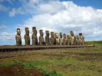 Moai of Easter Island facing inland, Ahu Tongariki, c. 1250 - 1500, restored by Chilean archaeologist Claudio Cristino in the 1990s
