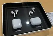 AirPods have dominated the wireless headphone market in the early 2020s. Pictured are the base and "Pro" model of AirPods respectively.
