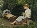 Strickendes Mädchen, Kleinkind in der Wiege hütend, 1884