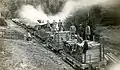 No.1 'Albion' hauling a long string of 'bob cars' (disconnected trucks) and a load of narrow gauge ties (sleepers)