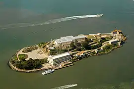 Alcatraz Island view from the west. Image shot from an altitude of approximately 1,800&nbsp;ft (549&nbsp;m).