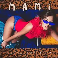 A picture of Stan posing in front of a blue backdrop, wearing a pink-blue leotard along with blue glasses and jeans on the lower part of her legs. Information on the album appears above and below the image.