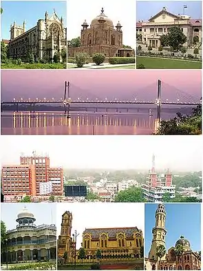 Clockwise from top left: All Saints Cathedral, Khusro Bagh, the Allahabad High Court, the New Yamuna Bridge near Sangam, the skyline of Civil Lines, the University of Allahabad, Thornhill Mayne Memorial at Alfred Park and Anand Bhavan