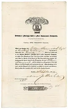 Founder's Stock (Subscriber Certificate) of the Alliance British & Foreign Life & Fire Assurance Company for 20 shares of £100 each, issued in London on 30 September 1824, originally signed by Nathan M. Rothschild as President of the Company. Renamed Alliance Assurance Company in 1886.