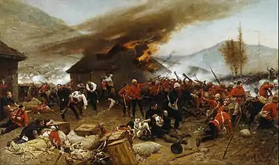 Painting of the Battle of Rorke's Drift, with a building burning