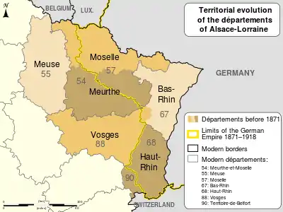 French map with shading showing départements before 1870 with black lines after 1871.