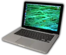 The wallpaper and computer icons of this laptop have been mosaicked for copyright reasons