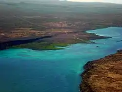 Flying out of Baltra, on the right with the Island of Santa Cruz on the left and in the middle is the Itabaca Channel