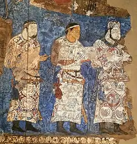 Ambassadors from Chaganian (central figure, inscription of the neck), and Chach (modern Tashkent) to king Varkhuman of Samarkand. Circa 655 CE, Afrasiyab murals, Samarkand.