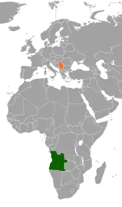 Map indicating locations of Angola and Serbia