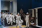 Apollo 11 crew members Neil Armstrong, Michael Collins, and Buzz Aldrin on the morning of July 16, 1969