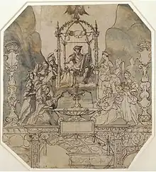 Apollo and the Muses on Parnassus; 1533, Pen and black ink, grey brown wash and blue green watercolour on paper, 42,3x38,4&nbsp;cm. Staatliche Museen zu Berlin (kupferstichkabinett)