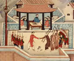 Painting depicts the trial and execution of three Catholics in Ninh Bình. the offenders were forced to step on the holy cross.