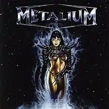 A black background of outer space with a woman in armor surrounded by fire with the word METALIUM above her.