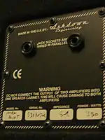 The rear jack plate of a bass speaker cabinet is shown. It has two quarter-inch jacks for speaker cables.