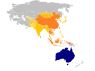 Map showing the Australia in blue, and the nations where Asian Australians originate from in shades of orange