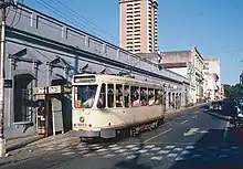 A tram in the city centre in 1986. The tram system closed in the late 1990s.