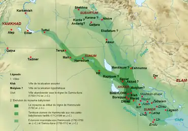 The extent of the Old Babylonian Empire at the start and end of Hammurabi of Babylon's reign, c. 1792 BC – c. 1750 BC