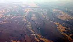 Oblique air photo facing north of central Bedford County, Pennsylvania, in December 2006, showing Wills, Evitts, and Tussey Mountains from center to right.