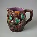 Jug, coloured glazes majolica, c. 1870, naturalistic in style, Scotland.