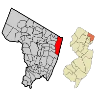 Map highlighting Alpine's location within Bergen County. Inset: Bergen County's location within New Jersey