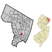 Map highlighting Bogota's location within Bergen County. Inset: Bergen County's location within New Jersey.