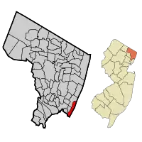 Map highlighting Edgewater's location within Bergen County. Inset: Bergen County's location within New Jersey.