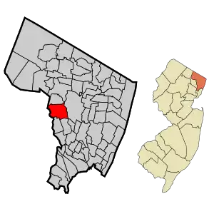 Map highlighting Fair Lawn's location within Bergen County. Inset: Bergen County's location within New Jersey.