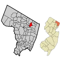Map highlighting Harrington Park's location within Bergen County. Inset: Bergen County's location within New Jersey.