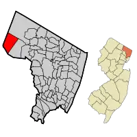 Map highlighting Oakland's location within Bergen County. Inset: Bergen County's location within New Jersey.