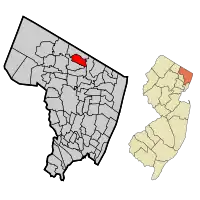 Map highlighting Park Ridge's location within Bergen County. Inset: Bergen County's location within New Jersey.