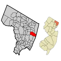 Map highlighting Tenafly's location within Bergen County. Inset: Bergen County's location within New Jersey.