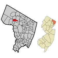 Map highlighting Waldwick's location within Bergen County. Inset: Bergen County's location within New Jersey.