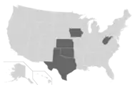 The Big 12 as it has existed since 2012, after the departures of Texas A&M and Missouri and the additions of TCU and West Virginia