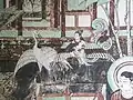China, mid-Tang Dynasty. Arwork from the Dunhuang Grottos, Yulin Cave number 25 showing a Bird of Life (共命鸟), playing a panpipe.