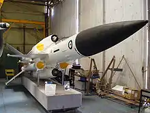 Bloodhound missile showing inlet cones on Thor ramjets and very small inlet cones on leading edge of stub wings holding ramjets